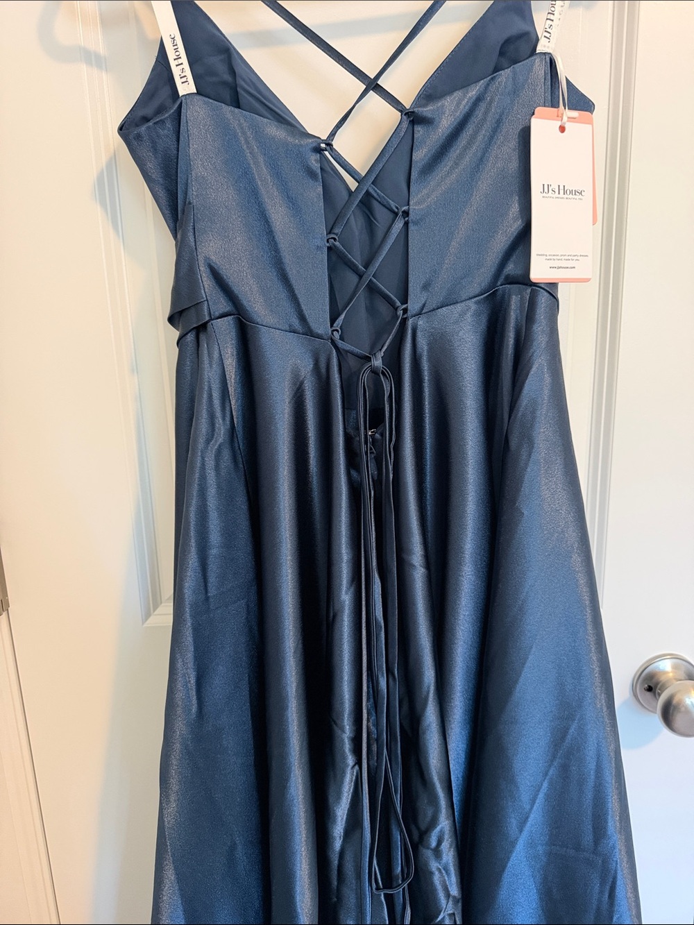 JJs House Midnight Blue Satin Crisscross Strap Prom Gown - Picture 4 of 5